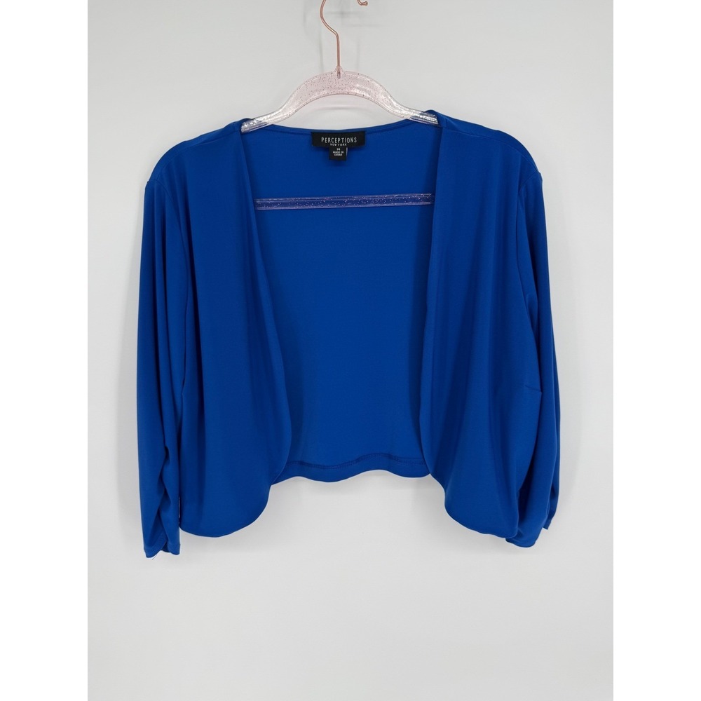 Perceptions New York Blue Open Front Long Sleeve Cropped‎ Cardigan Size 14